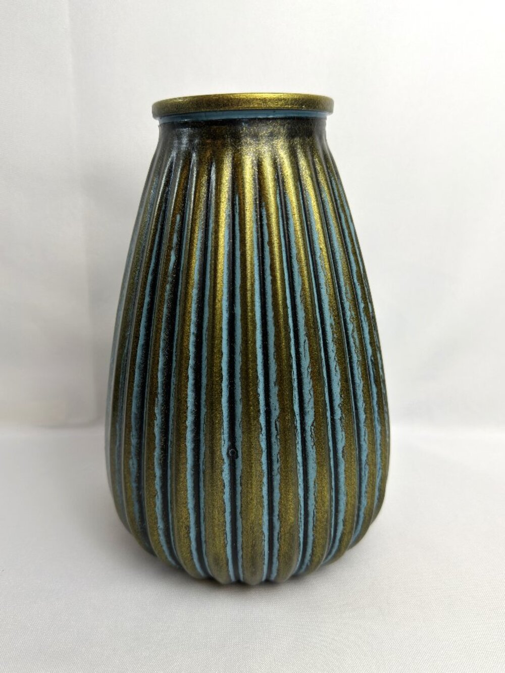 Italian Art Pottery Ribbed Vase Teal Blue & Gold Glaze 8” Studio Pottery Italy